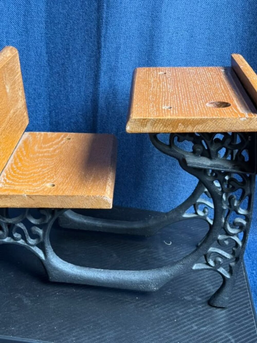 Vintage 1960s Miniature Doll School Desk Wrought Iron Wooden Toy Decor 11"